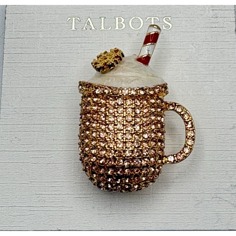 Talbots Hot Cocoa Rhinestone Brooch Bling Straw Cafe Coffee Enamel